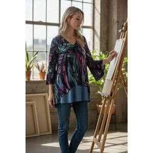 Calessa Womens Size M Blue Printed 3/4 Flare Sleeve V Neck Blouse Top Career